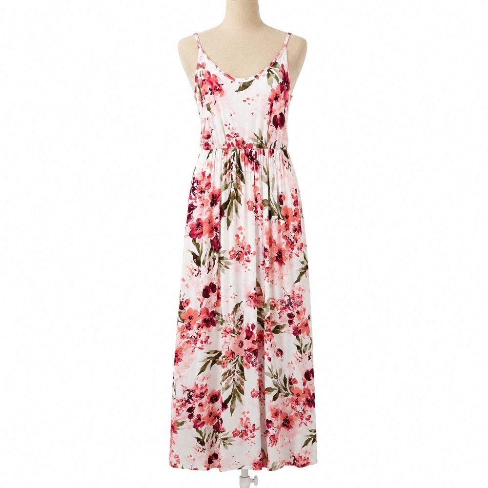 Romantic Floral Spaghetti Strap Maxi Dress Size S Pink Dainty Coquette Resort